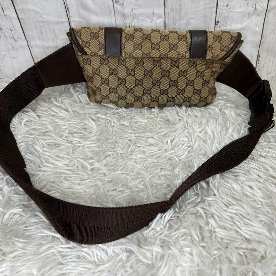 GUCCI ウエストバッグ　GGキャンバス　ウエストポーチ　ブラウン　レザー