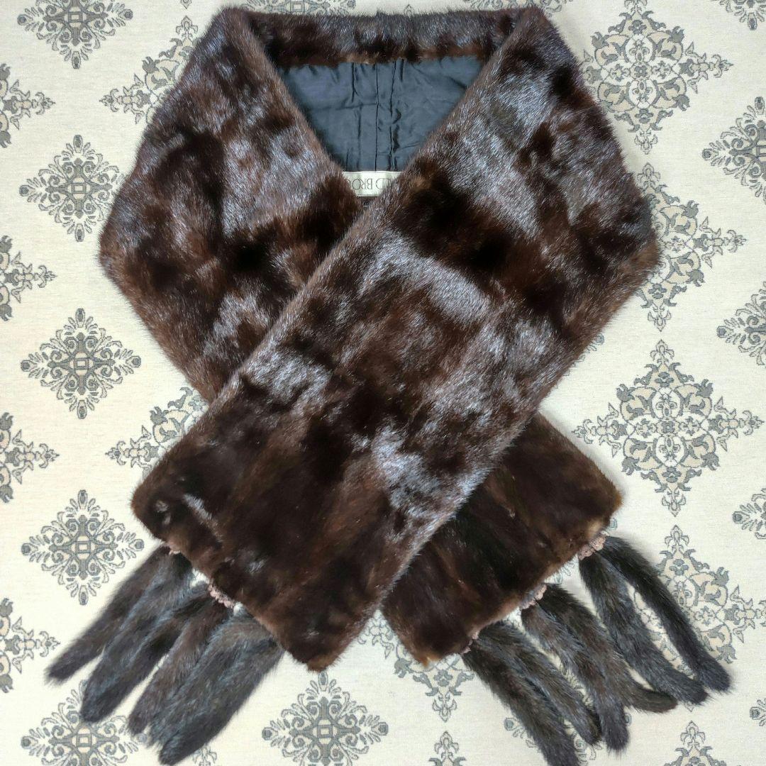 美品　毛皮　ファーショール　ミンク　大判　ダークブラウン　フック掛け　ポケット有