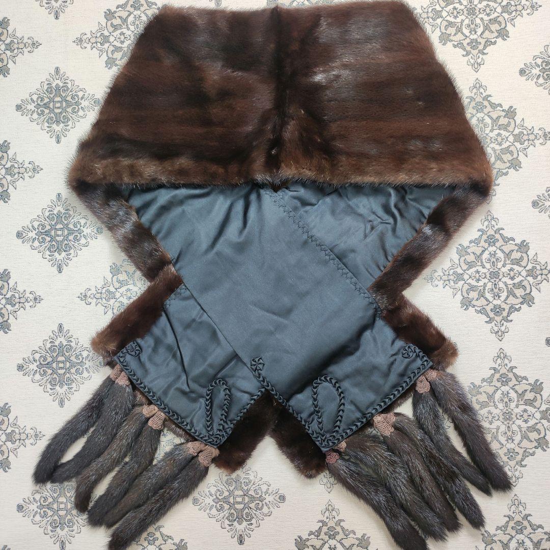 美品　毛皮　ファーショール　ミンク　大判　ダークブラウン　フック掛け　ポケット有