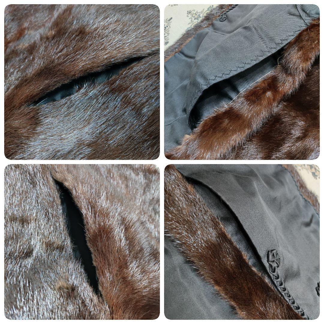 美品　毛皮　ファーショール　ミンク　大判　ダークブラウン　フック掛け　ポケット有