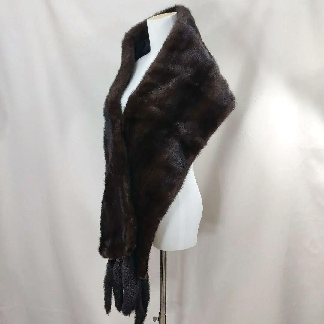美品　毛皮　ファーショール　ミンク　大判　ダークブラウン　フック掛け　ポケット有
