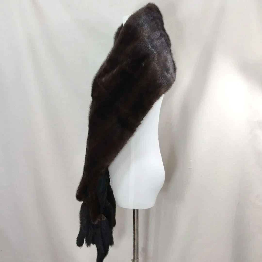 美品　毛皮　ファーショール　ミンク　大判　ダークブラウン　フック掛け　ポケット有