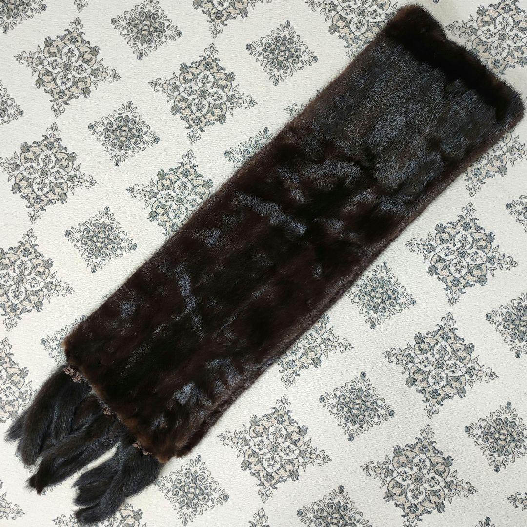 美品　毛皮　ファーショール　ミンク　大判　ダークブラウン　フック掛け　ポケット有