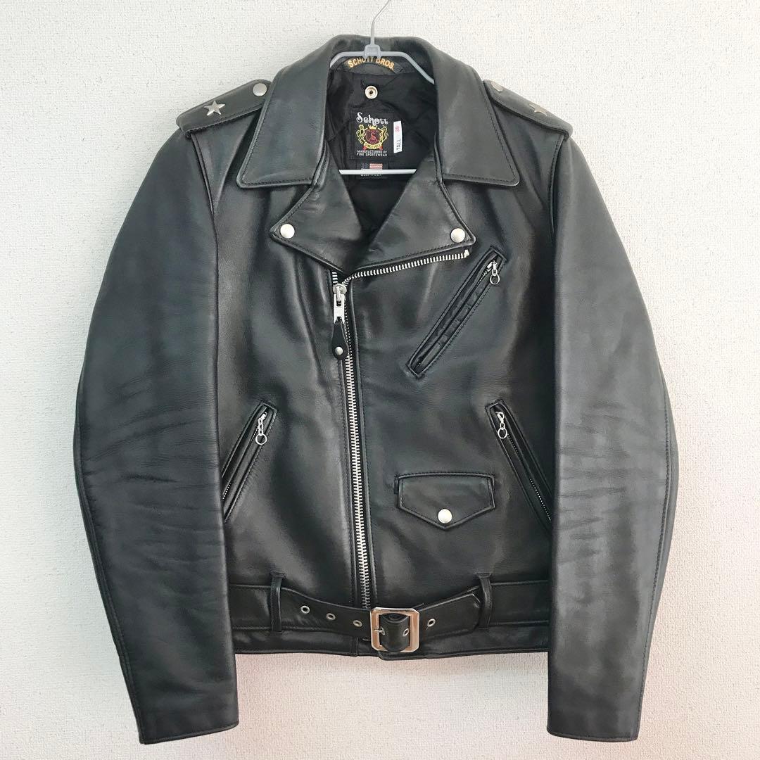 Schott ブラック レザー ダブルライダースジャケット 革ジャン S3328