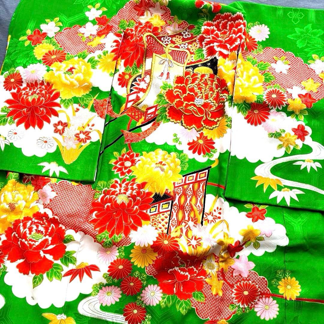女の子 産着 長襦袢付き しつけ付 お宮参り 祝着 グリーン 花柄 古典柄