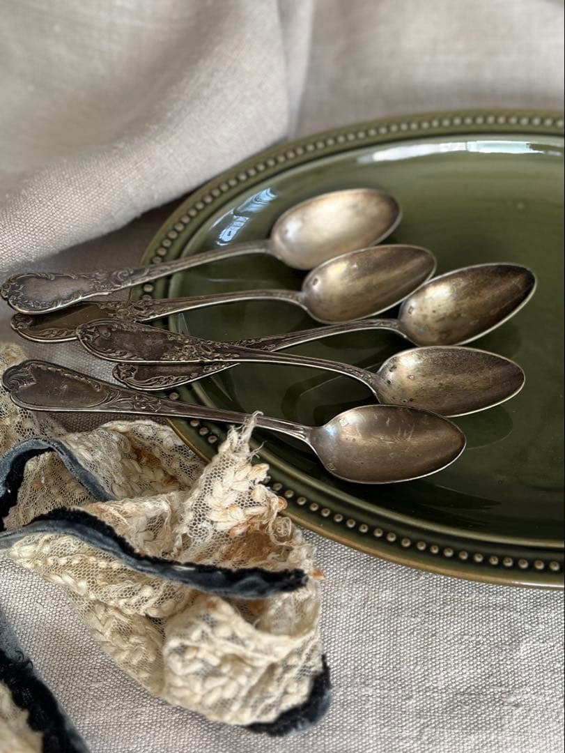 ◆最終SALE◆フランスアンティーク銀5本刻印ティースプーンデザート白銀シルバー
