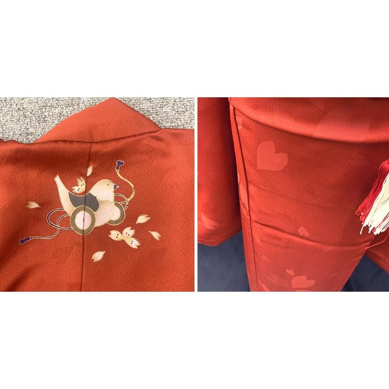 512ag46■七五三 七歳 女児 着物&六通袋帯&長襦袢 鳩車■美品