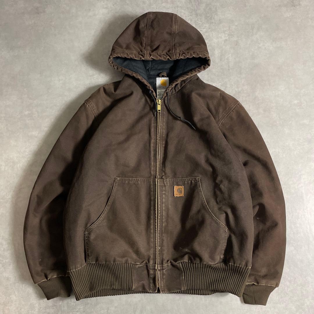 希少色 90s carhartt カーハート アクティブジャケット 革パッチ 茶