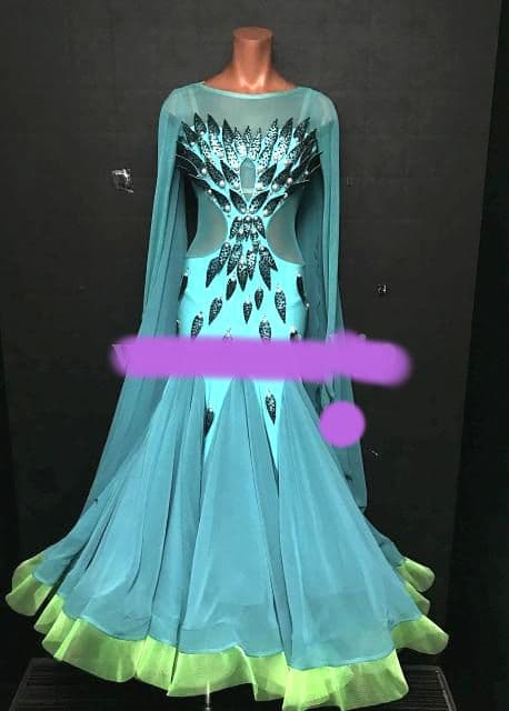 ターコイズ 長袖 社交ダンスドレスTID