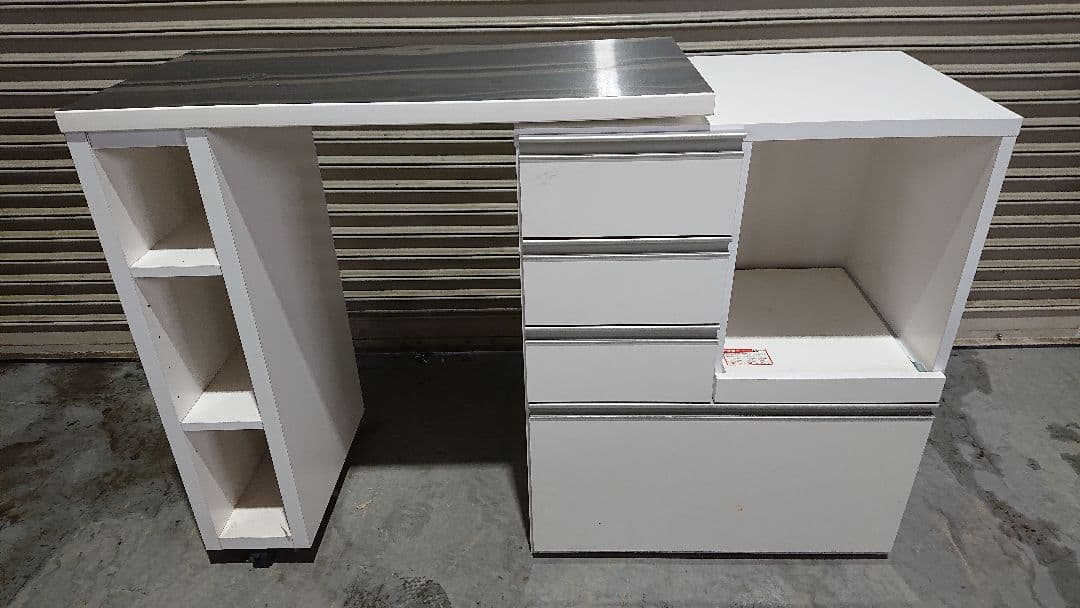 家具の大丸 キッチン収納 スライド伸長式カウンター ホワイト ステンレス天板