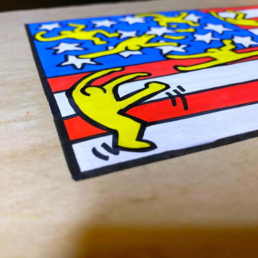 【模写】キース・ヘリング ドローイング 水彩 手描き サイン・スタンプ入 額装済