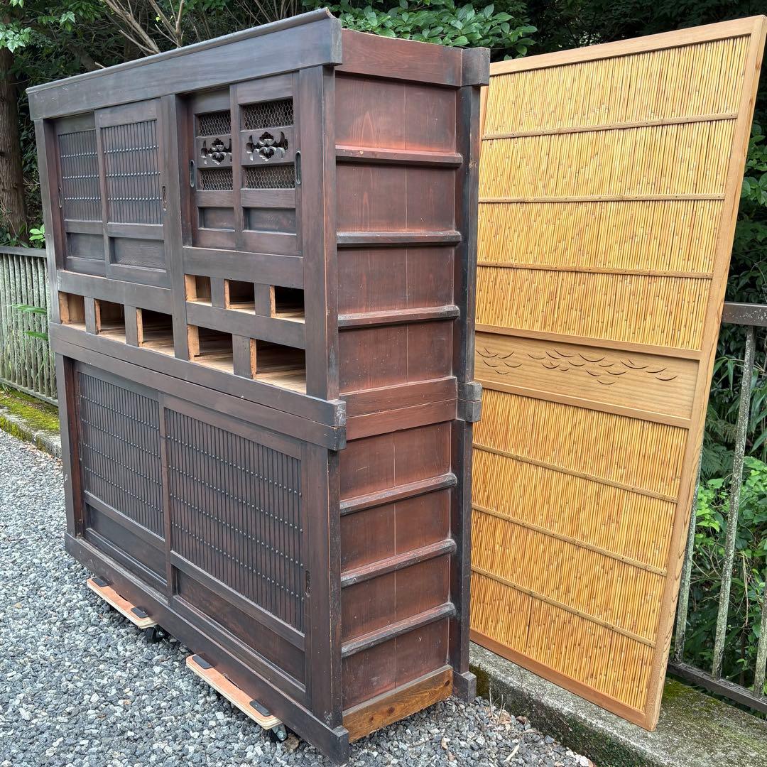 送料無料 明治時代 近江水屋箪笥 一間膳棚 近江箪笥 二段重ね 時代家具 和家具