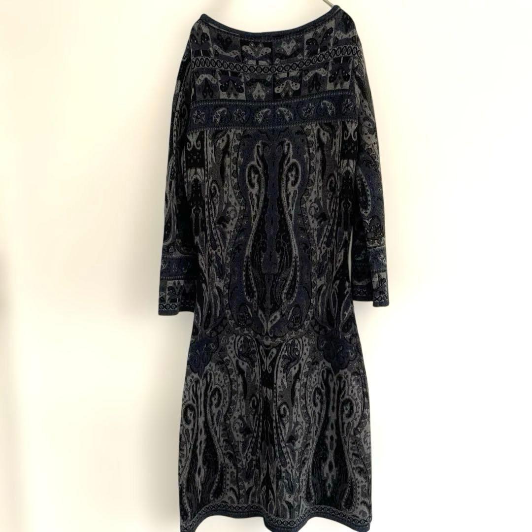 ETROエトロ ネイビー グレー 長袖ひざ丈ワンピース ニット ペイズリー 40