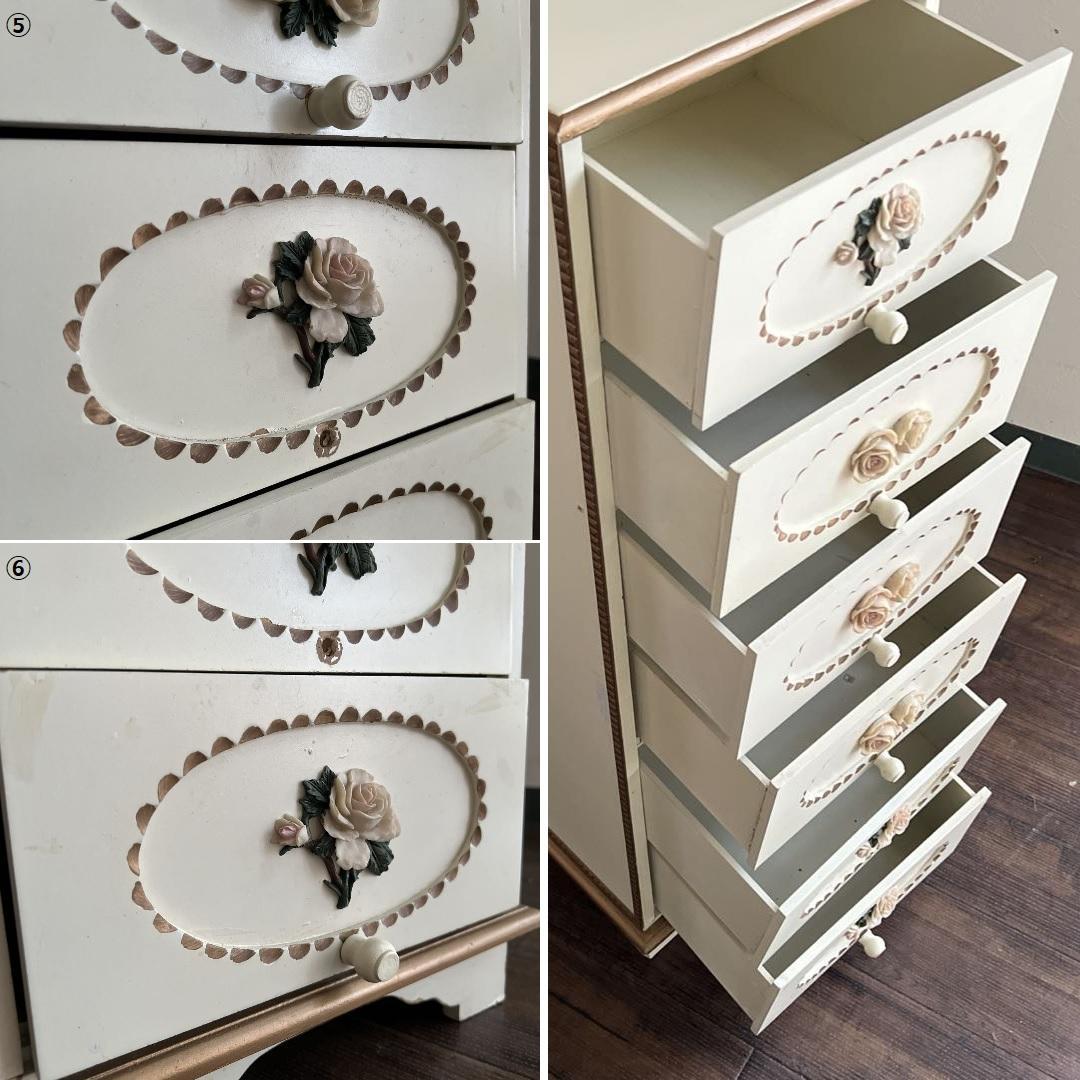 k517r122 フレンチカントリー調 スリムな木製チェスト ローズレリーフ