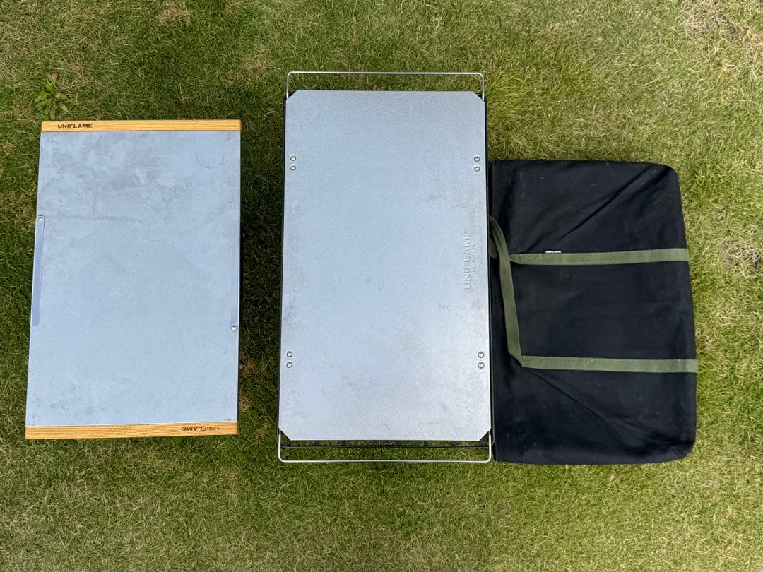 ユニフレーム　焚き火テーブル、フィールドラック2個、ステンレス天板、収納袋セット