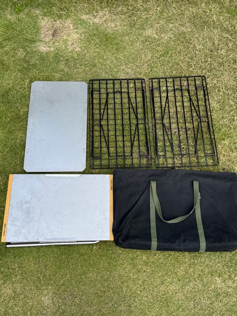 ユニフレーム　焚き火テーブル、フィールドラック2個、ステンレス天板、収納袋セット