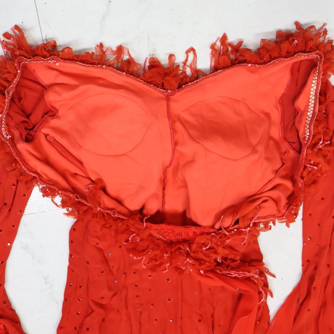 【社交ダンス衣装】レッド ワンピース ドレス 赤 フロート レース フリル