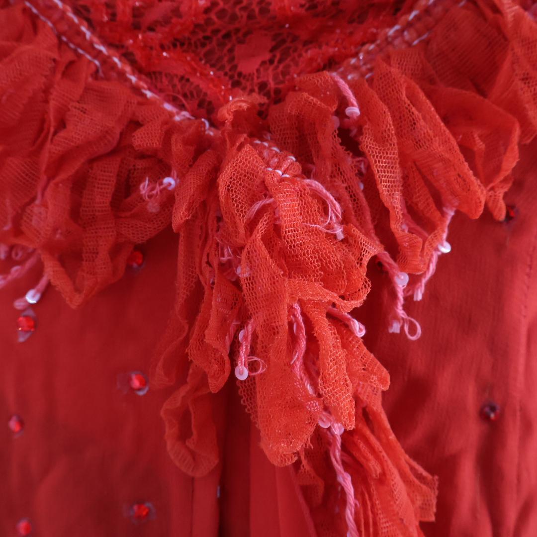 【社交ダンス衣装】レッド ワンピース ドレス 赤 フロート レース フリル