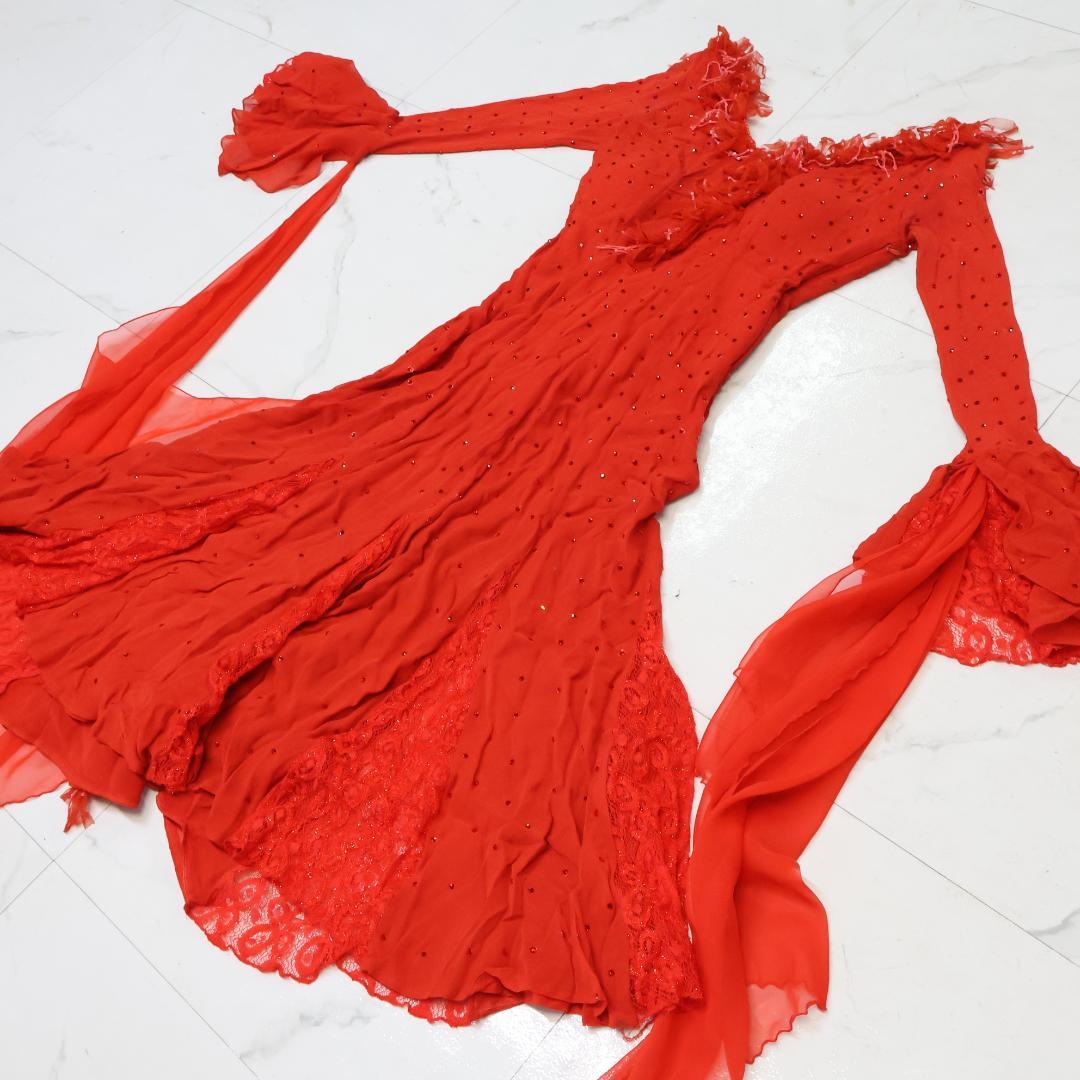 【社交ダンス衣装】レッド ワンピース ドレス 赤 フロート レース フリル