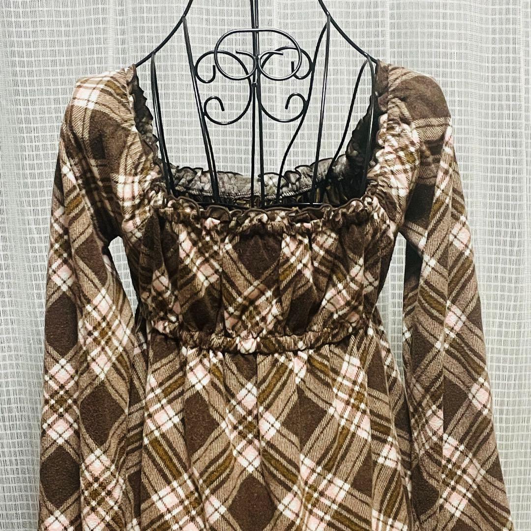 00s 希少　LIZLISA✨（リズリサ）茶色チェック オフショルワンピース