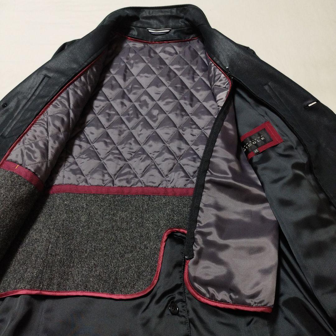 MONSIEUR NICOLE　スタンドカラーコート　衿ワイヤー入り　光沢黒　L