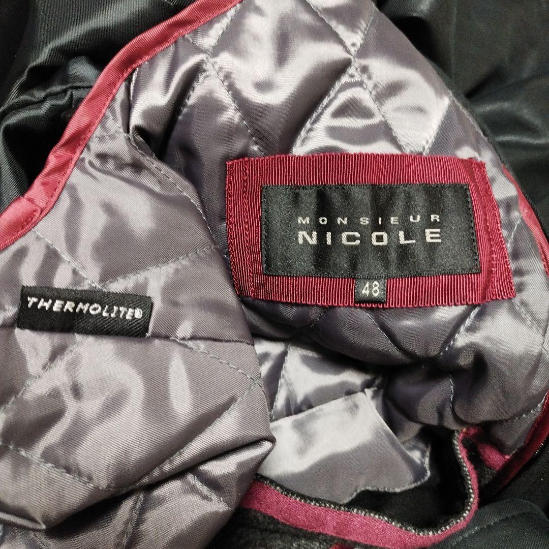 MONSIEUR NICOLE　スタンドカラーコート　衿ワイヤー入り　光沢黒　L