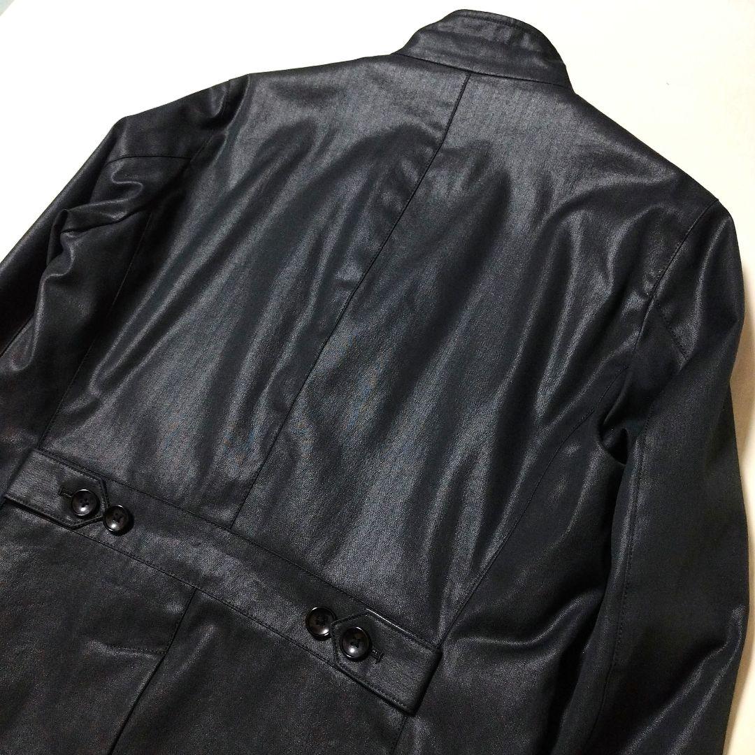 MONSIEUR NICOLE　スタンドカラーコート　衿ワイヤー入り　光沢黒　L