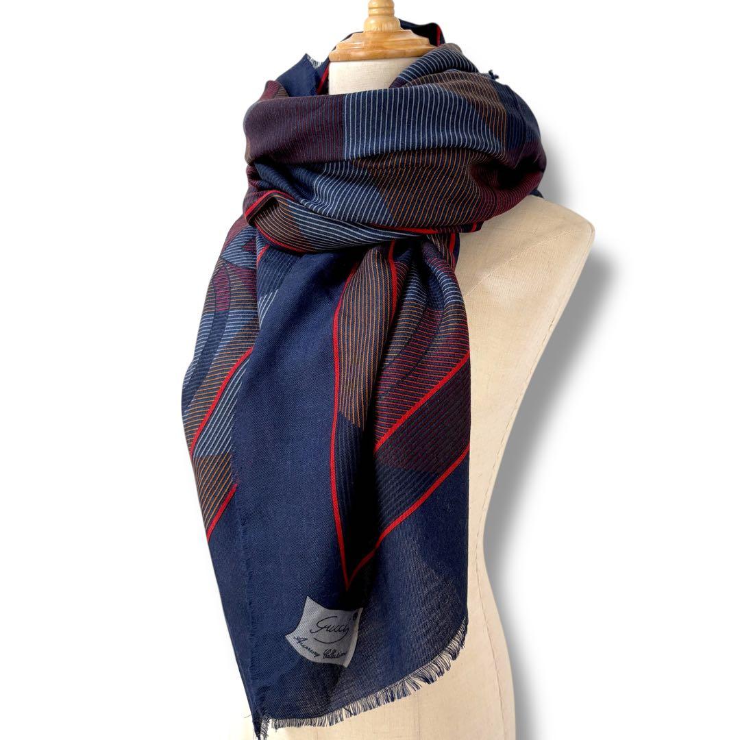 GUCCI グッチ ヴィンテージ 大盤ストール ショール マフラー ネイビー