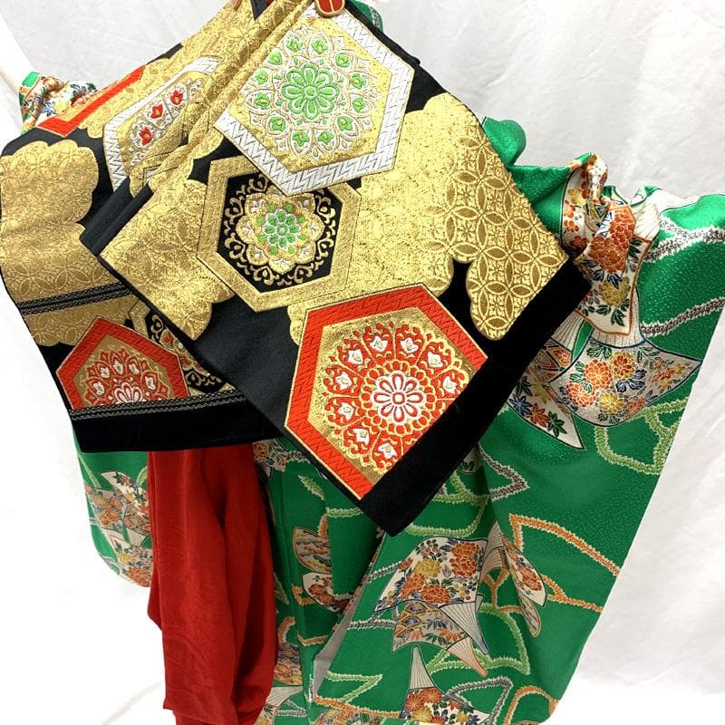 505ag50□七五三 七歳 女児 着物&袋帯 扇 緑□状態良好