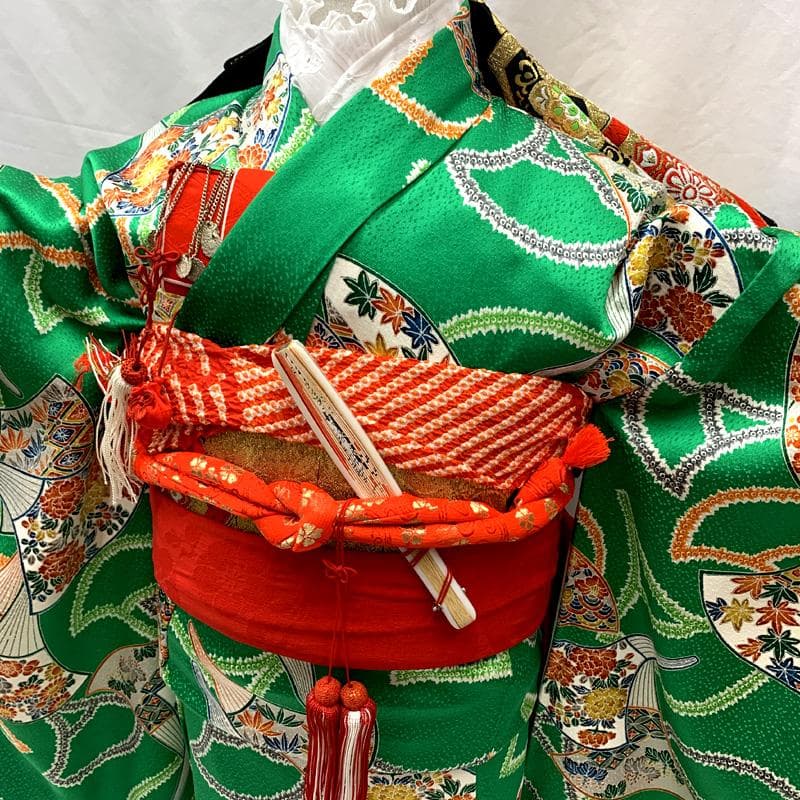 505ag50□七五三 七歳 女児 着物&袋帯 扇 緑□状態良好