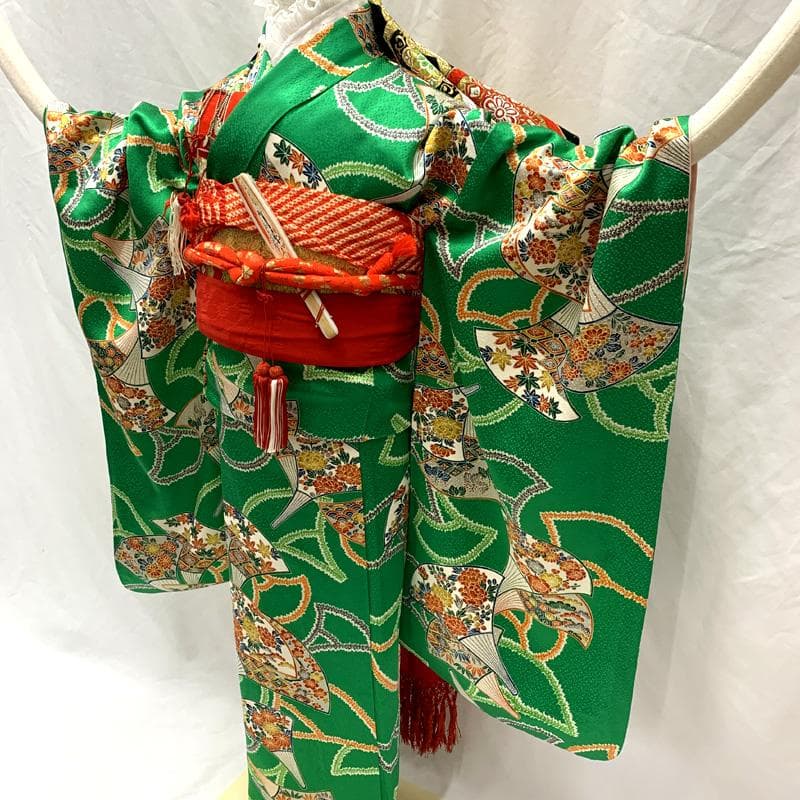 505ag50□七五三 七歳 女児 着物&袋帯 扇 緑□状態良好