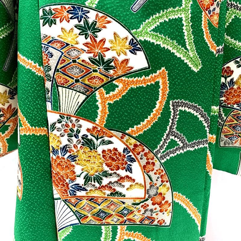 505ag50□七五三 七歳 女児 着物&袋帯 扇 緑□状態良好