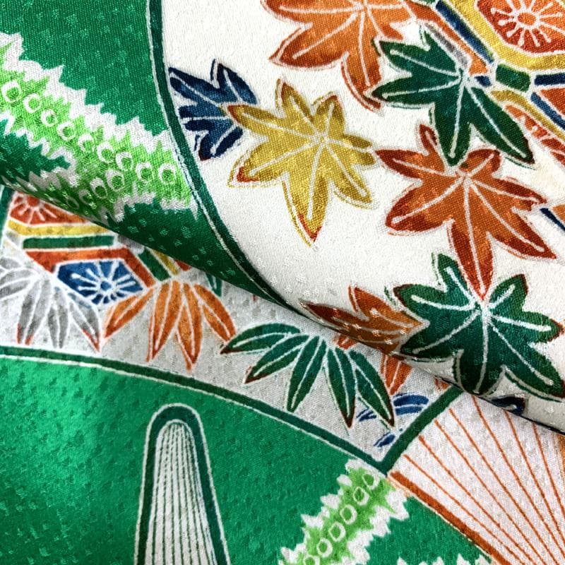 505ag50□七五三 七歳 女児 着物&袋帯 扇 緑□状態良好