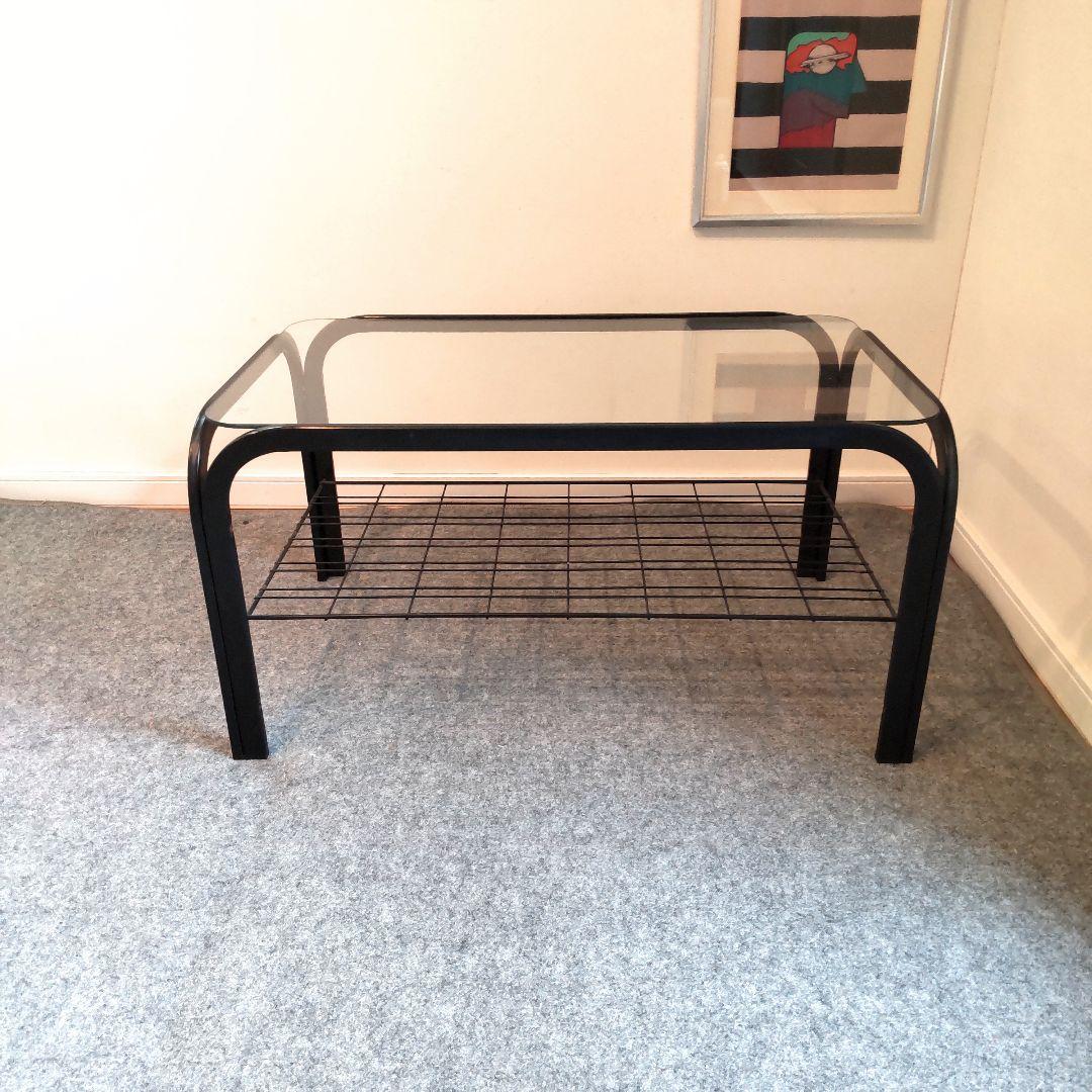 ヴィンテージ　ガラスコーヒーテーブル　昭和レトロ　網棚　メタルフレーム