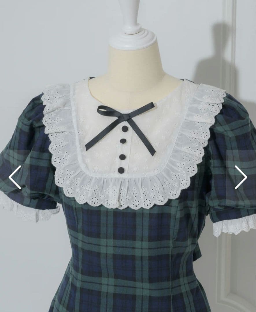 pium ピウム コットンレースドーリーカフェワンピ グリーンチェック