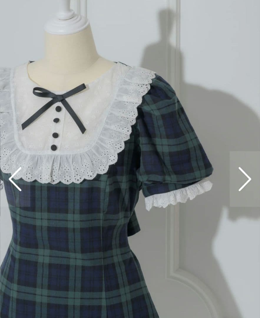 pium ピウム コットンレースドーリーカフェワンピ グリーンチェック