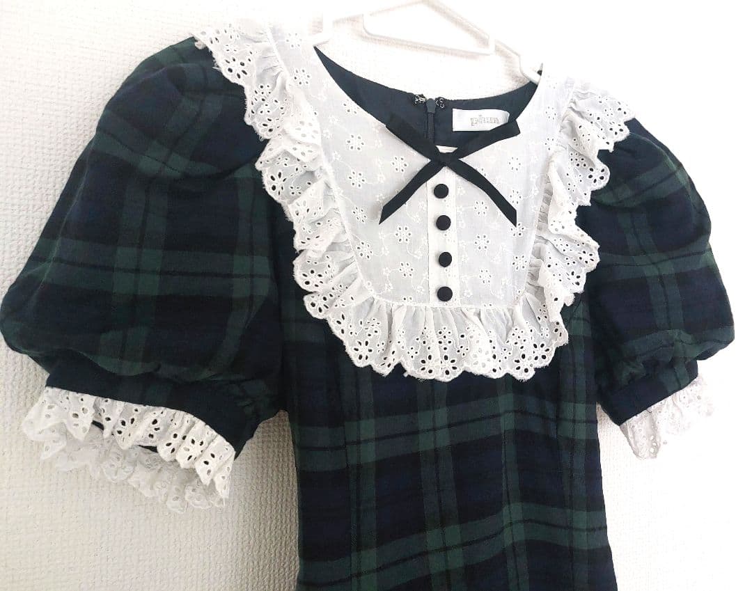 pium ピウム コットンレースドーリーカフェワンピ グリーンチェック