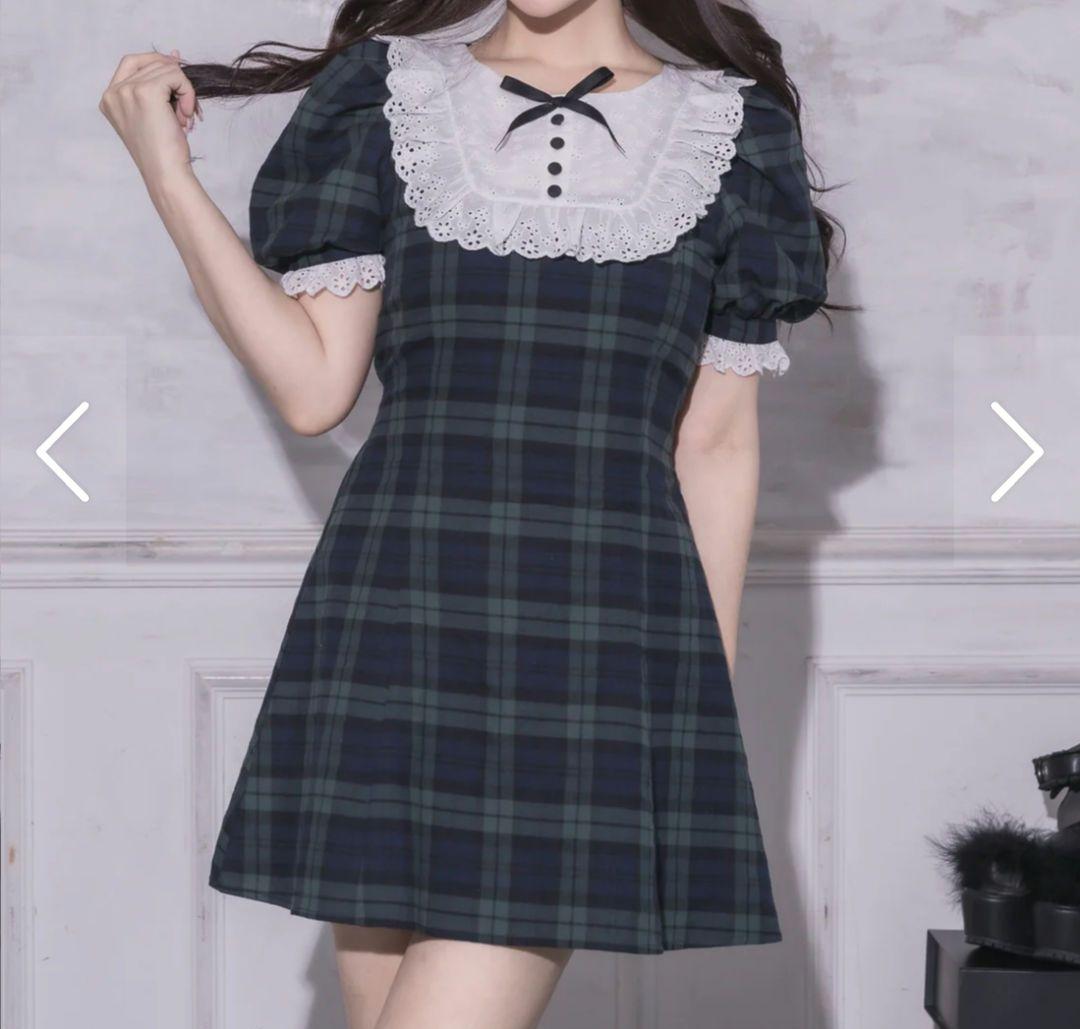 pium ピウム コットンレースドーリーカフェワンピ グリーンチェック