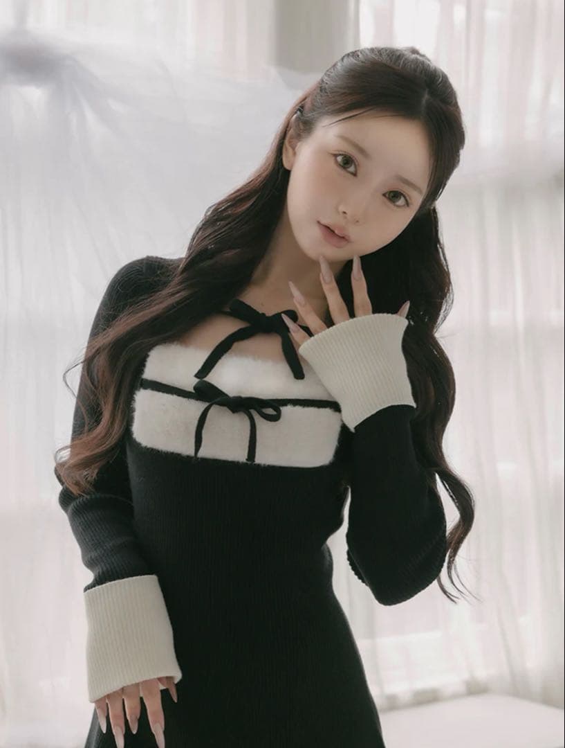 Darich リボンファーフレアニットミニワンピース Freesize