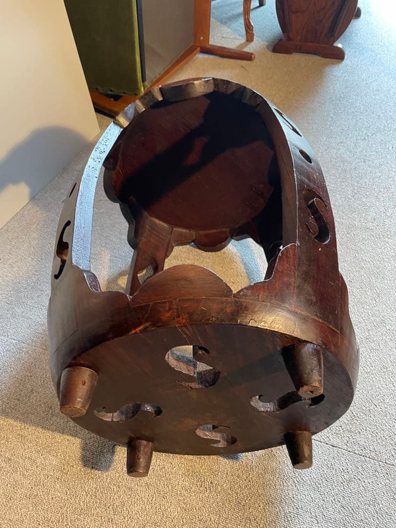 中華風 花台 飾り台 スツール 木製 透かし彫り アンティーク調