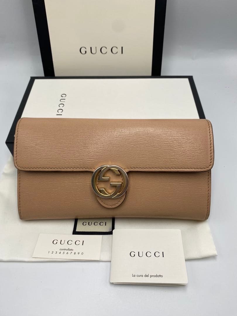 美品✨GUCCI インターロッキング　シボレザー　長財布　ベージュ　レディース