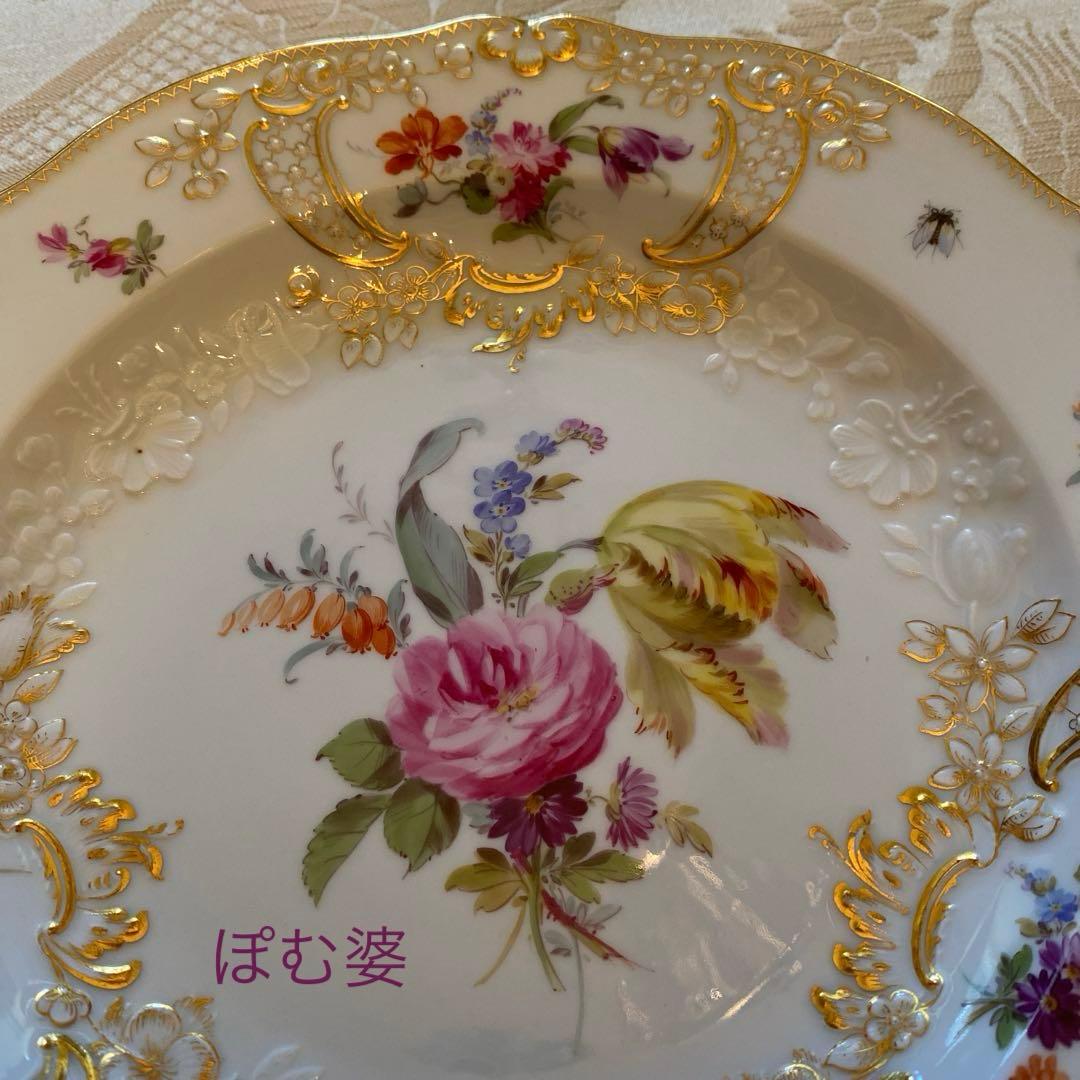 【古マイセン】金彩 花絵皿「ノイマルセイユ／フラワーブーケと昆虫」３枚