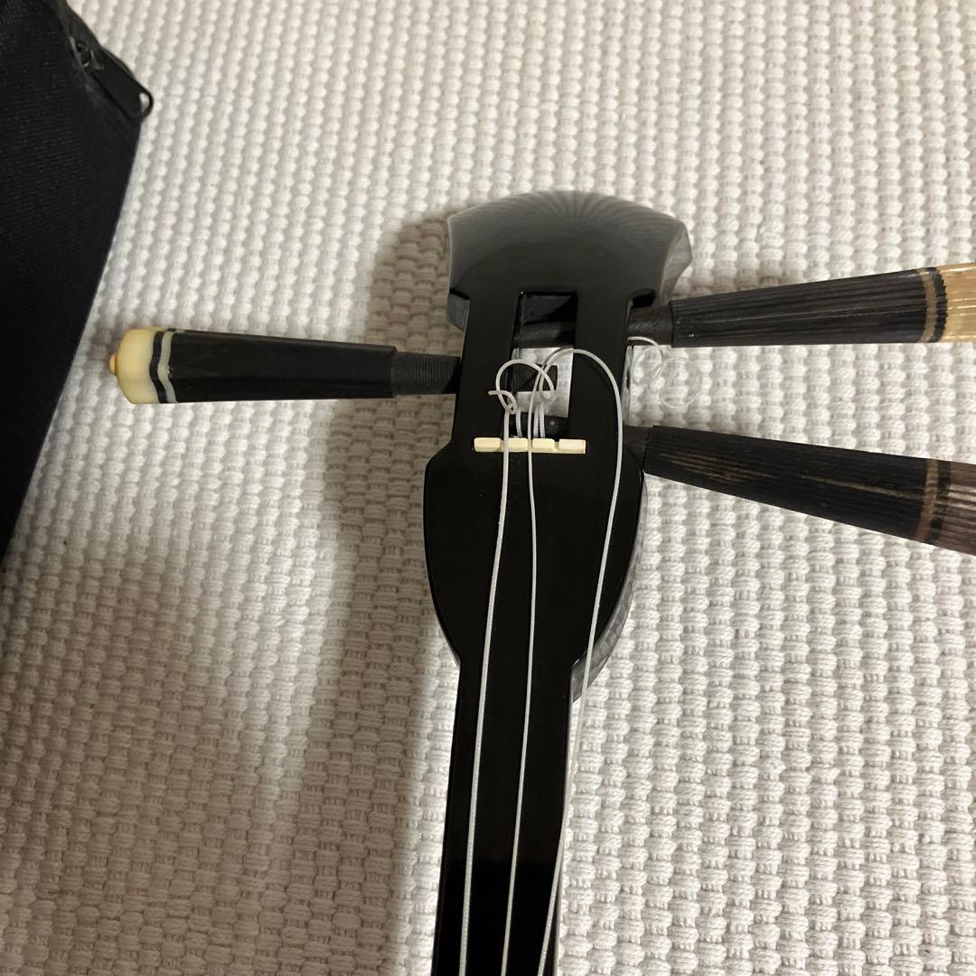 三味線 本体 蛇皮 黒と赤 ケース付き 弦の所、糸がはずれています。