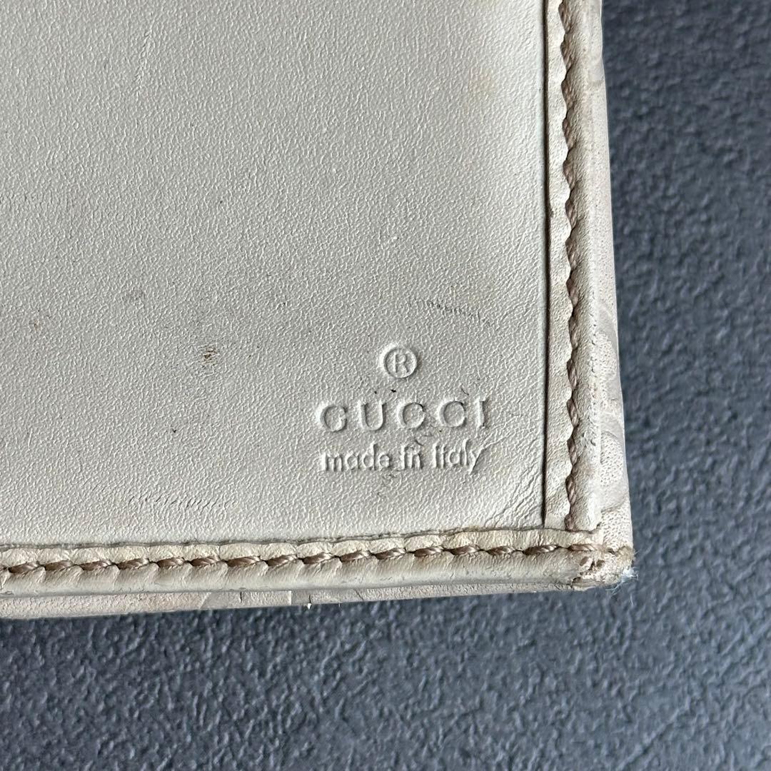 GUCCI GG シマ レザー 長財布　ロゴメタルプレート　ラウンドジップ　白