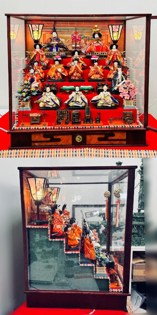 お雛様 ガラスケース入り 雛人形十五人 コンパクト 高さ71cm 巾74奥行54