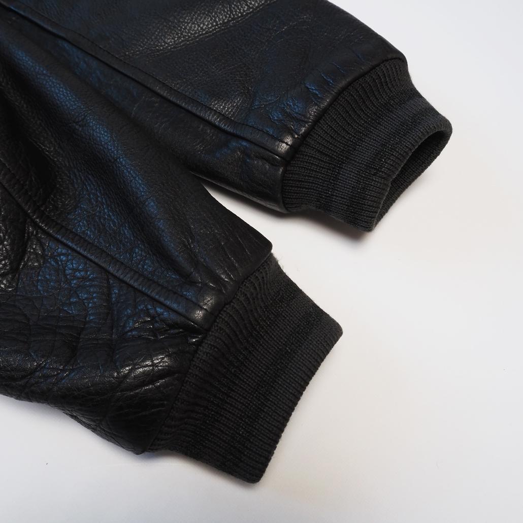 80s MEN'S BIGI 袖レザースタジャン アーチロゴ ワッペン 刺繍 黒