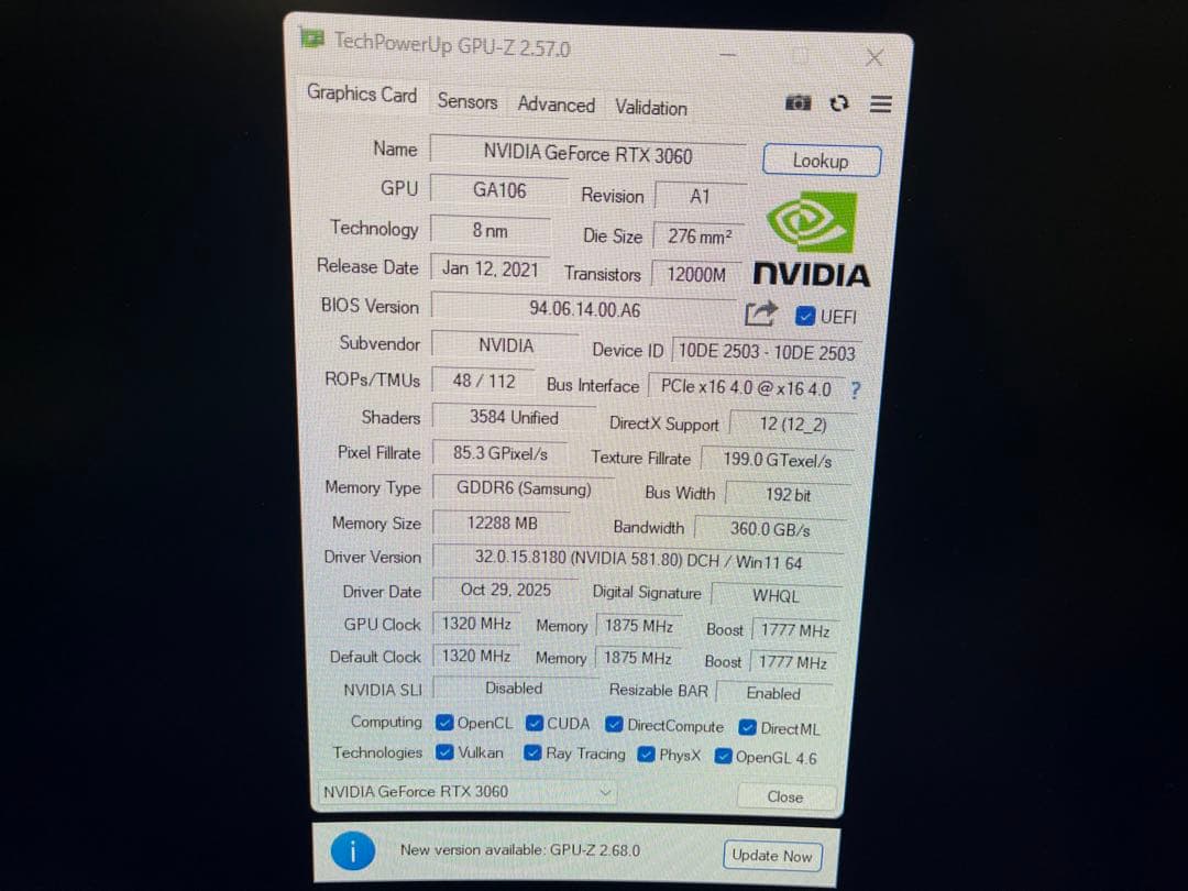 Geforce RTX3060 12GB palit シングルファン