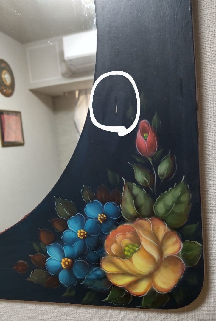 トールペイント 壁掛け鏡 ウォールミラー 手描き ハンドペイント 木製 バラ