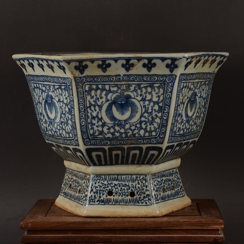 青花磁器六方鉢 盆栽鉢 中国鉢 植木鉢 多肉植物鉢 小品盆栽鉢 山