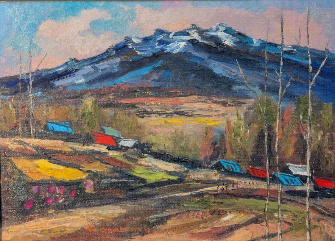 【真作】絵画　牧戸耐二　油彩4号　八ヶ岳の春　農村の四季　日本の山里　Y146